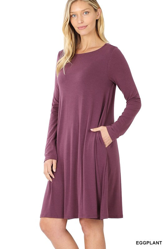 7179- Eggplant Long Sleeve T-Shirt Dress w Pockets