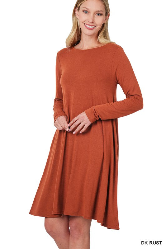 7178- Dark Rust Long Sleeve T-Shirt Dress w/ Pocket