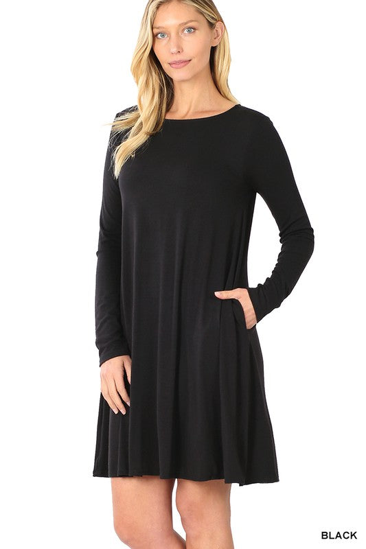 7177- Black Long Sleeve T-Shirt Dress w/ Pockets