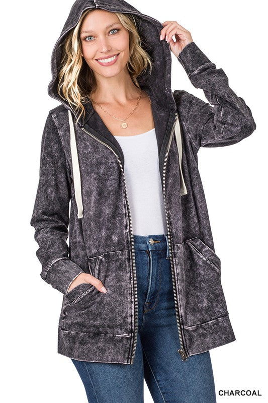 834- Charcoal Mineral Wash Zipper Jacket