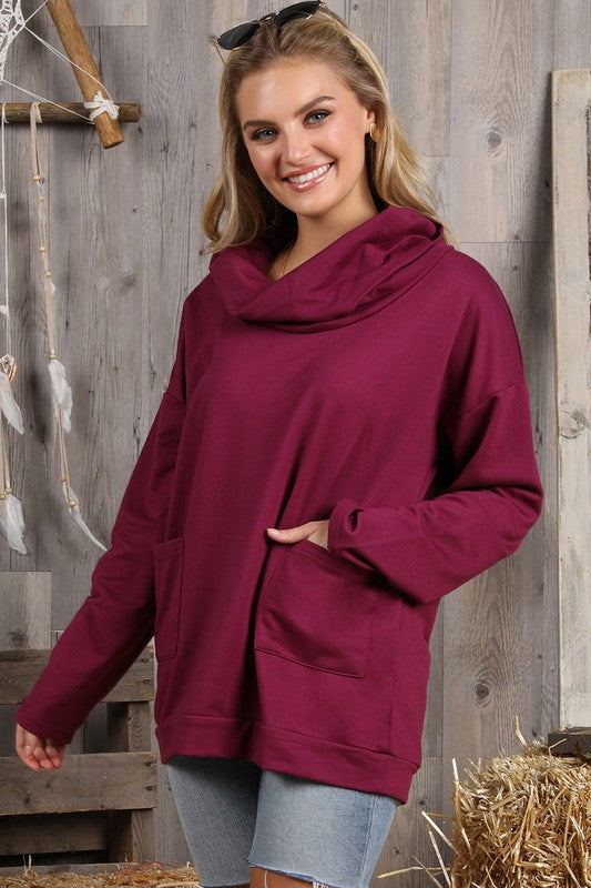 1539- Plum Long Sleeve Cowl Neck Tunic Top