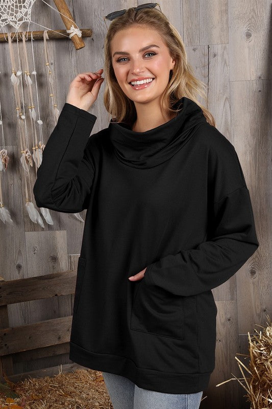 1537- Black Long Sleeve Cowl Neck Tunic Top