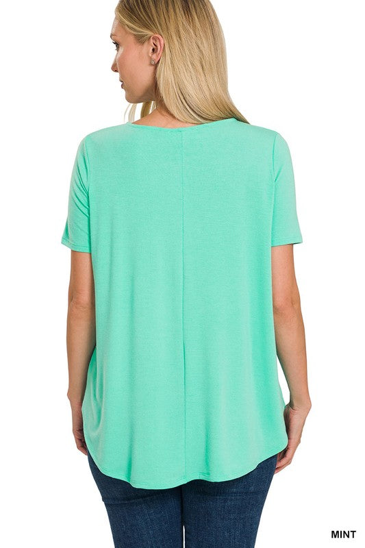 7651- Mint Scoop Hem Button Short Sleeve Top