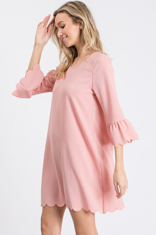 1078- Pink Woven Crepe Scallop Dress w/ Ruffled 3/4 Seeve