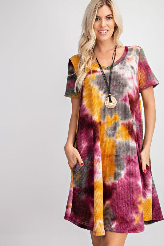 6146- Wine & Mustard Tie Dye Waffle Knit Dress