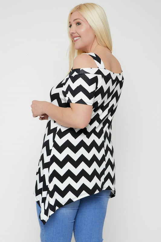 1163- Black/White Chevron Cold Shoulder Top