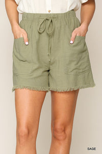 313- Sage Frayed Hem SHorts w/ Drawstring Detail