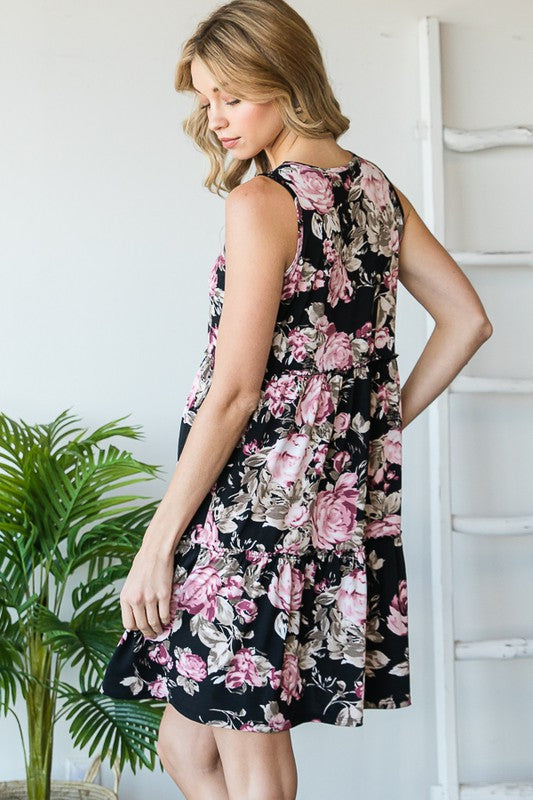 1879- Black Floral Tier Tank Dress