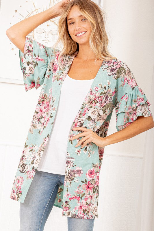 6033- Mint Ruffle Floral Print Kimono w/ Brown and Pink Detail