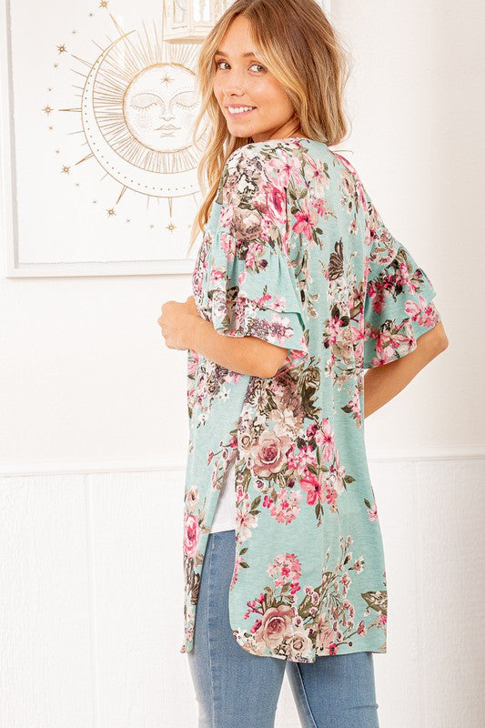 6033- Mint Ruffle Floral Print Kimono w/ Brown and Pink Detail