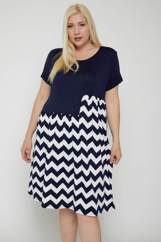 1159- Navy/White Chevron Color Block Dress