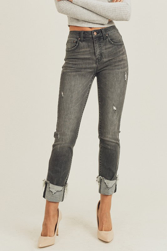 1172- Mid Rise Dark Grey Non Distressed Cuff Jeans