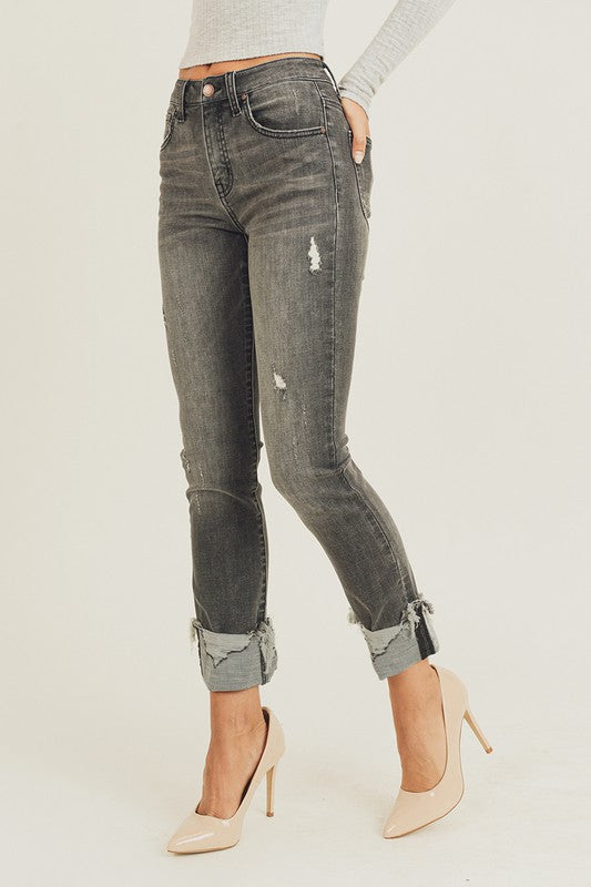 1172- Mid Rise Dark Grey Non Distressed Cuff Jeans