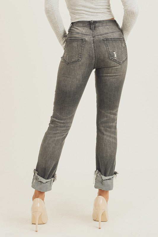 1172- Mid Rise Dark Grey Non Distressed Cuff Jeans