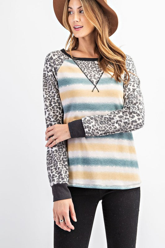 173- Blue & Yellow Stripe Top w/ Leopard Sleeves