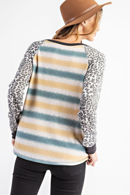 173- Blue & Yellow Stripe Top w/ Leopard Sleeves