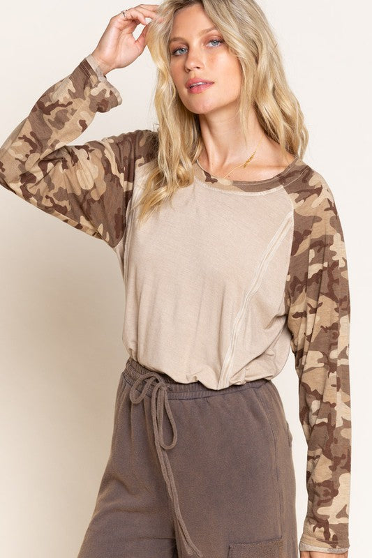 6699- Beige Camouflage Long Sleeve Top