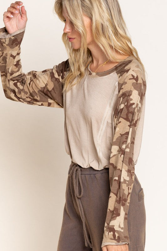 6699- Beige Camouflage Long Sleeve Top