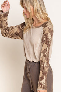 6699- Beige Camouflage Long Sleeve Top