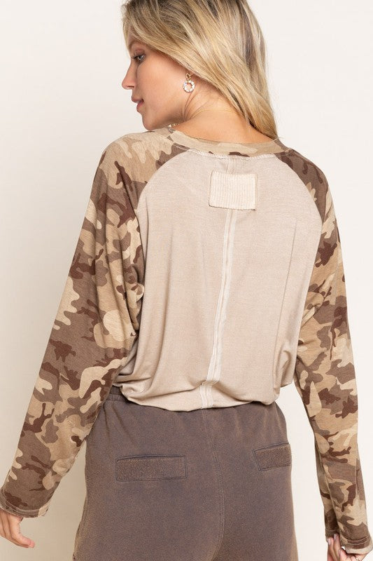 6699- Beige Camouflage Long Sleeve Top