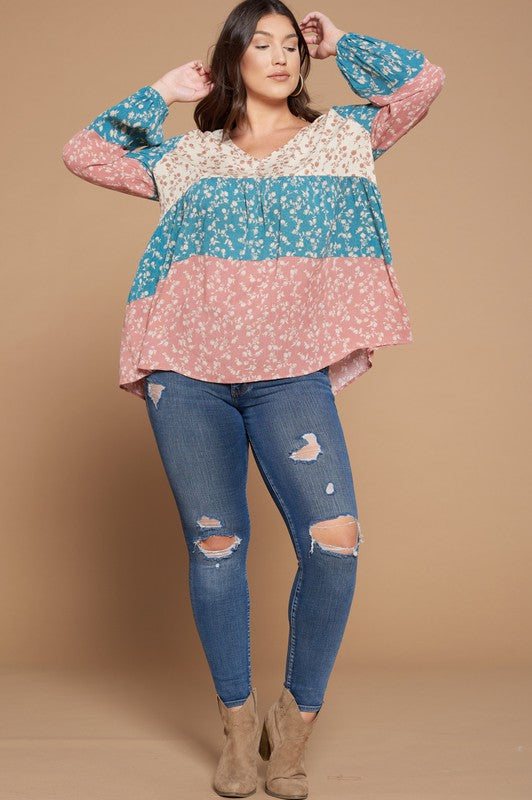 255- Ivory Mix Tier Floral Print Long Sleeve Top