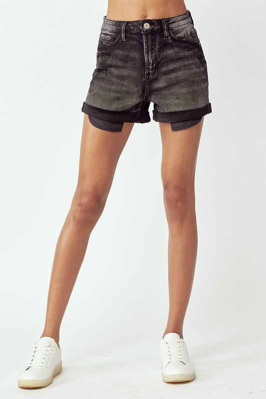 1158- Black High Rise Rolled Up Denim Short