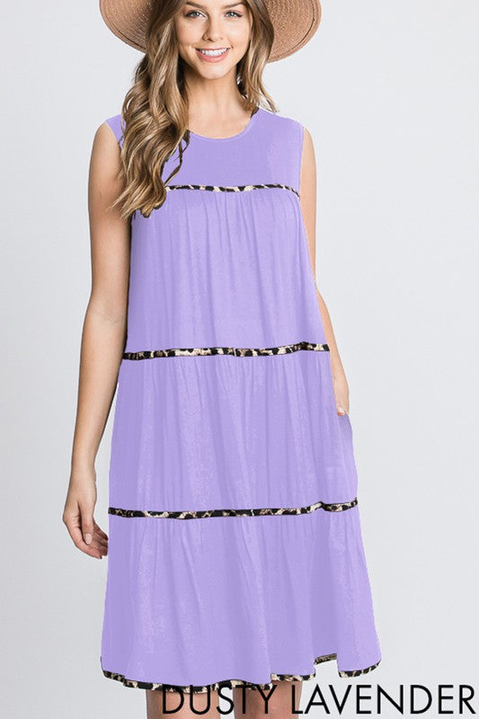 1627- Dusty Lavender Tier Tank Dress w/ Cheetah Detail