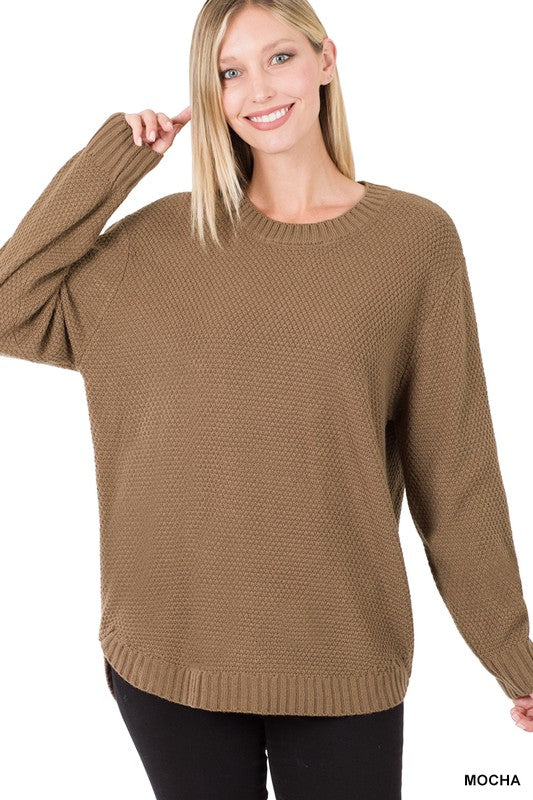 6648- Mocha Hi-Low Waffle Sweater