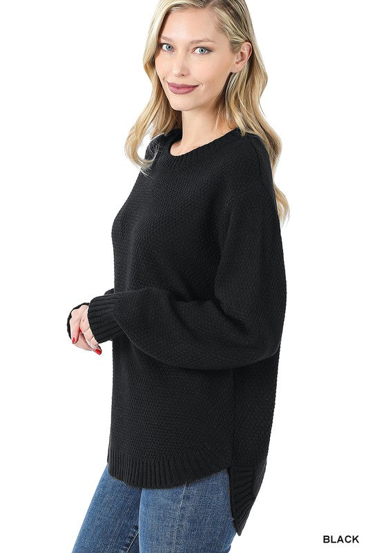 6646- Black Waffle HI-Low Sweater