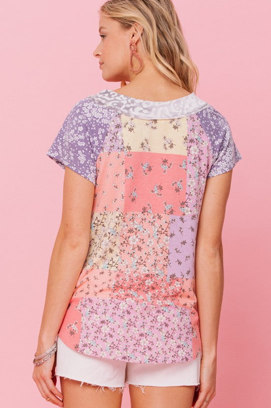 1914- Lavender Quilt Print Short Sleeve French Terry Top