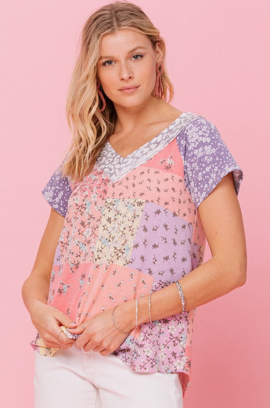 1914- Lavender Quilt Print Short Sleeve French Terry Top