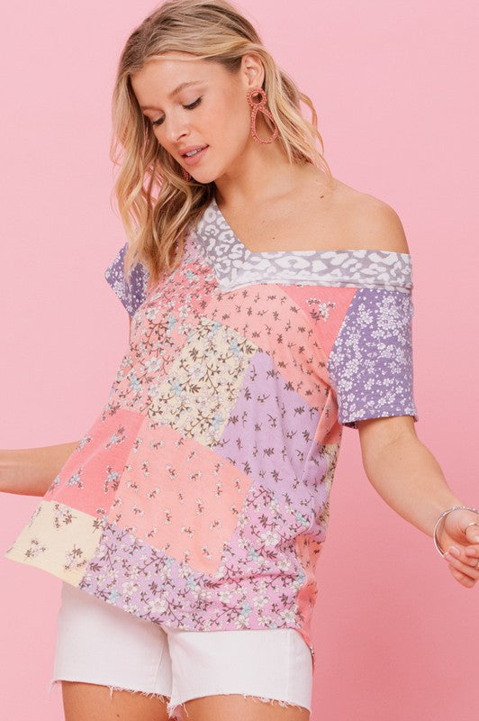 1914- Lavender Quilt Print Short Sleeve French Terry Top