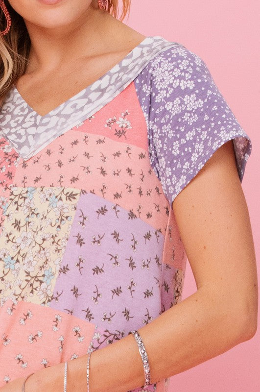 1914- Lavender Quilt Print Short Sleeve French Terry Top