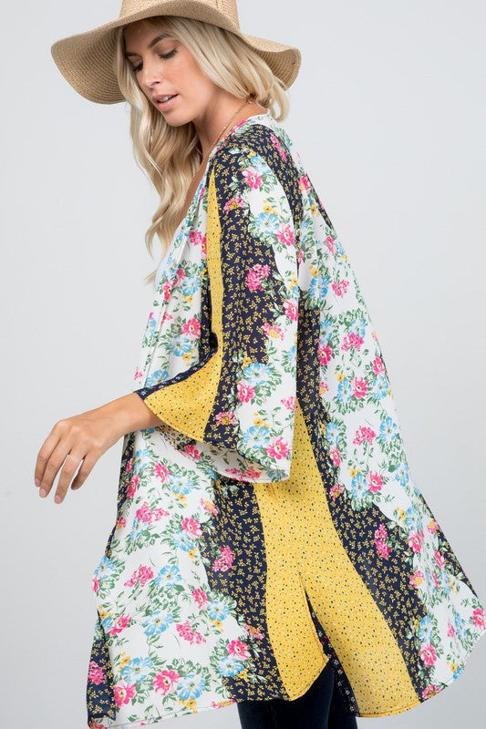 937- Navy w/ Floral Print Patchwork Kimono