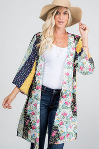 937- Navy w/ Floral Print Patchwork Kimono