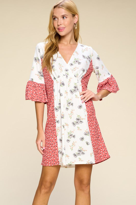 1322- Off White Floral Print Loose Fit Dress