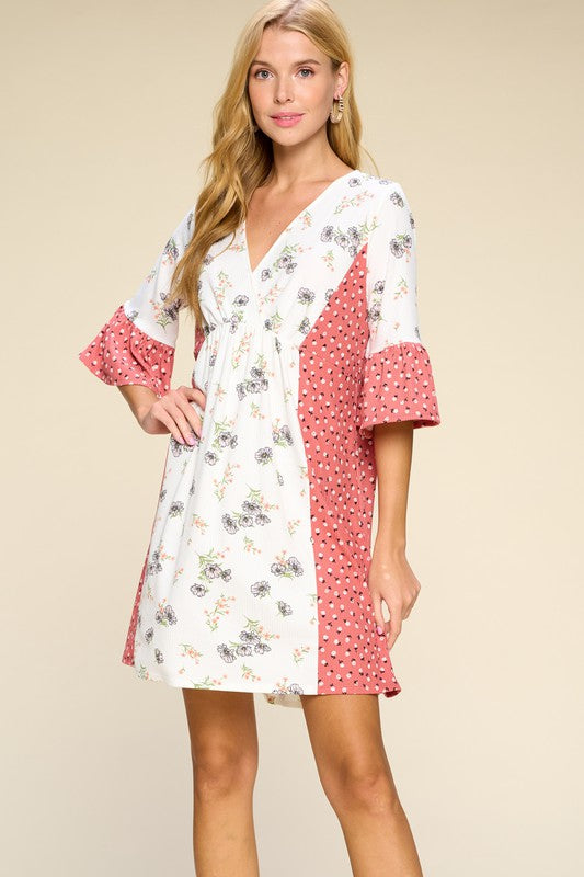 1322- Off White Floral Print Loose Fit Dress