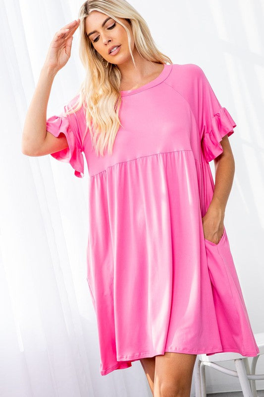 1405- Pink Babydoll Dress w/ Ruffle Sleeves