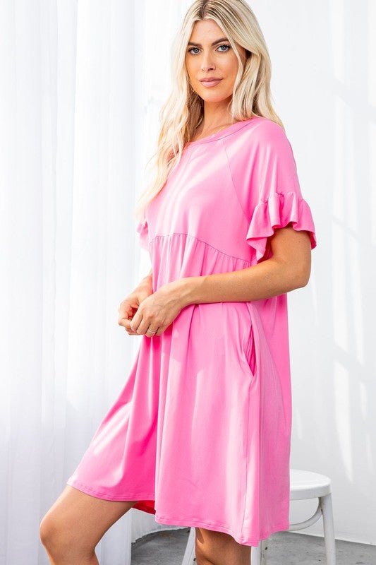 1405- Pink Babydoll Dress w/ Ruffle Sleeves