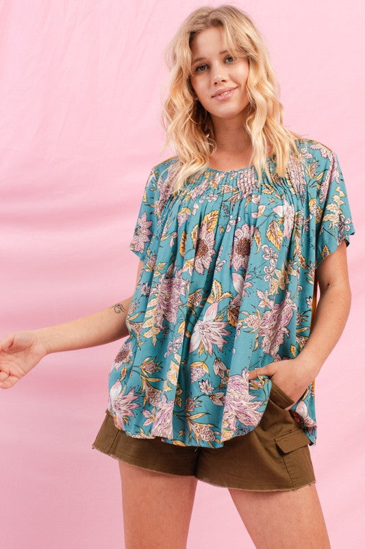 1908- Turquoise Short Sleeve Floral Top w/ Mustard Back