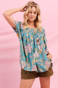 1908- Turquoise Short Sleeve Floral Top w/ Mustard Back