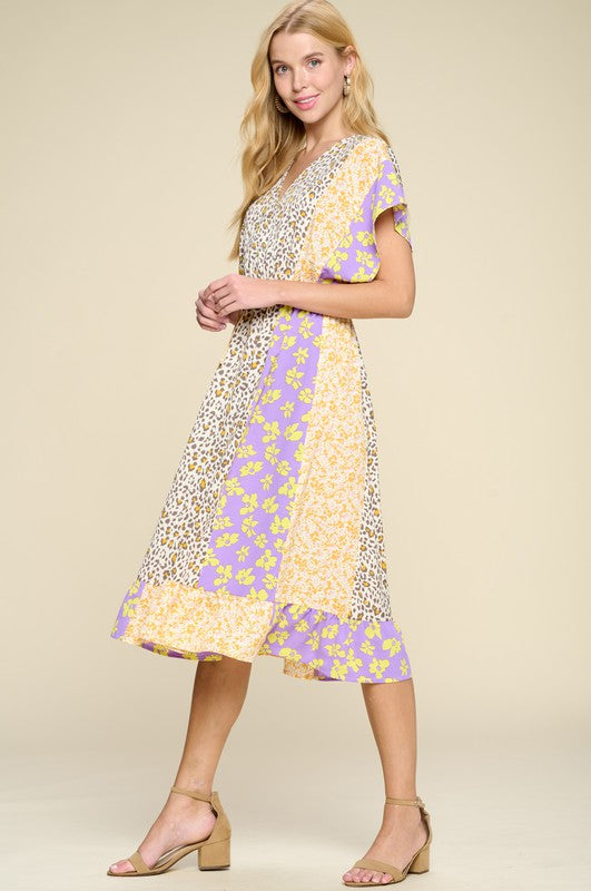 1323- Cream & Golden Yellow Mix Print Midi Dress