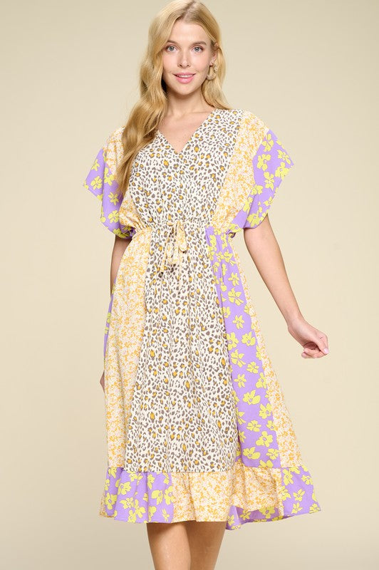 1323- Cream & Golden Yellow Mix Print Midi Dress