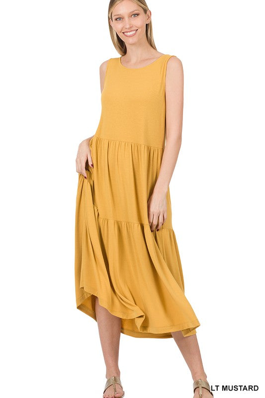 7983- Light Mustard Tier Tank Mid Calf Dress