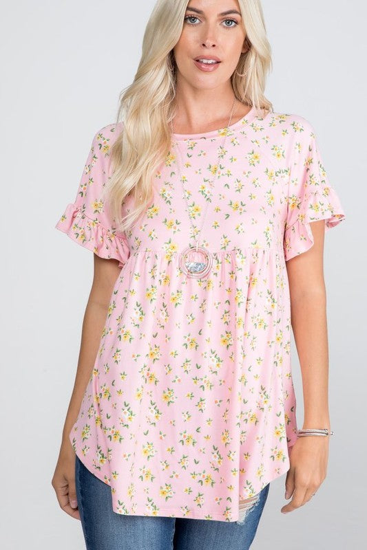 1421- Blush Floral Print Babydoll Top w/ Ruffle Sleeves