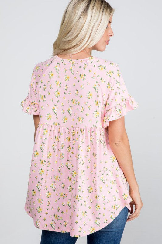 1421- Blush Floral Print Babydoll Top w/ Ruffle Sleeves