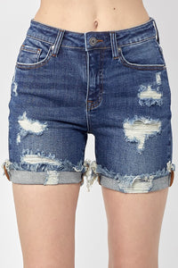 380- Dark Wash High Rise Distressed Cuff Shorts