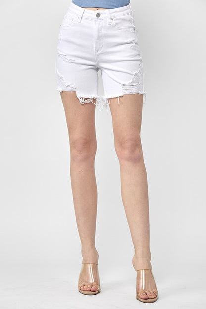 1792- White High Rise Distressed Mid Thigh Shorts