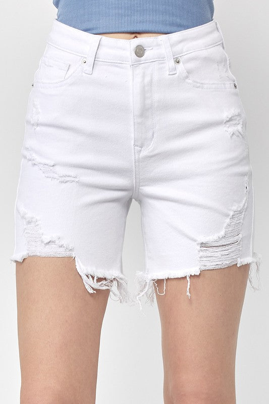 1792- White High Rise Distressed Mid Thigh Shorts