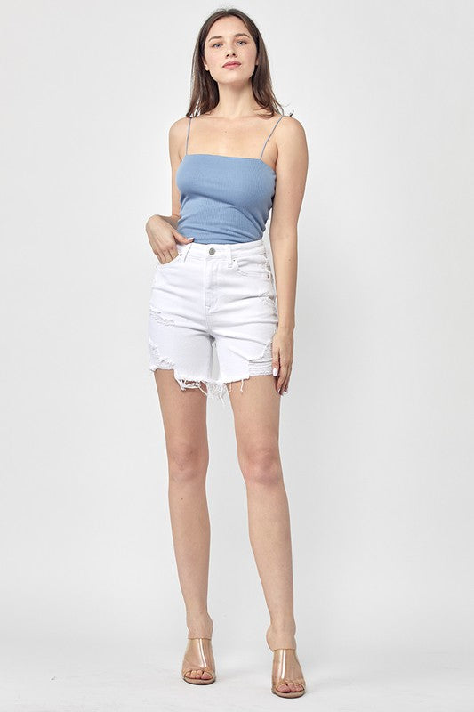 1792- White High Rise Distressed Mid Thigh Shorts